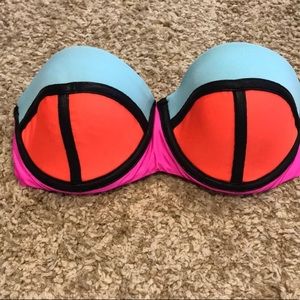 PILYQ Neon Color Block Strapless Tie Bikini Top